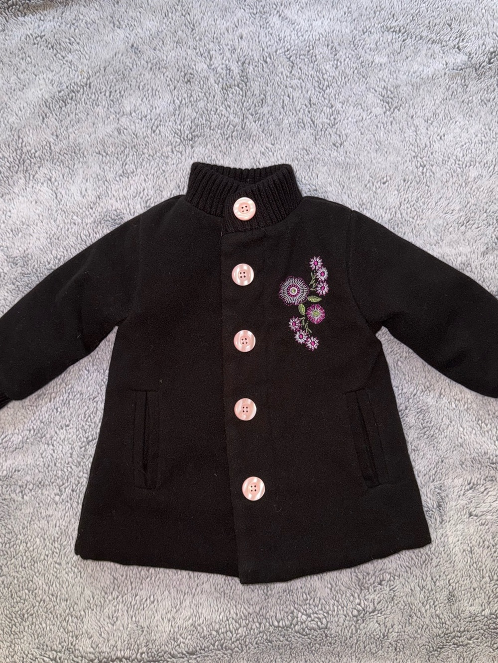 Penelope Mack Black Girls' Coat with Pink Buttons & Floral Embroidery